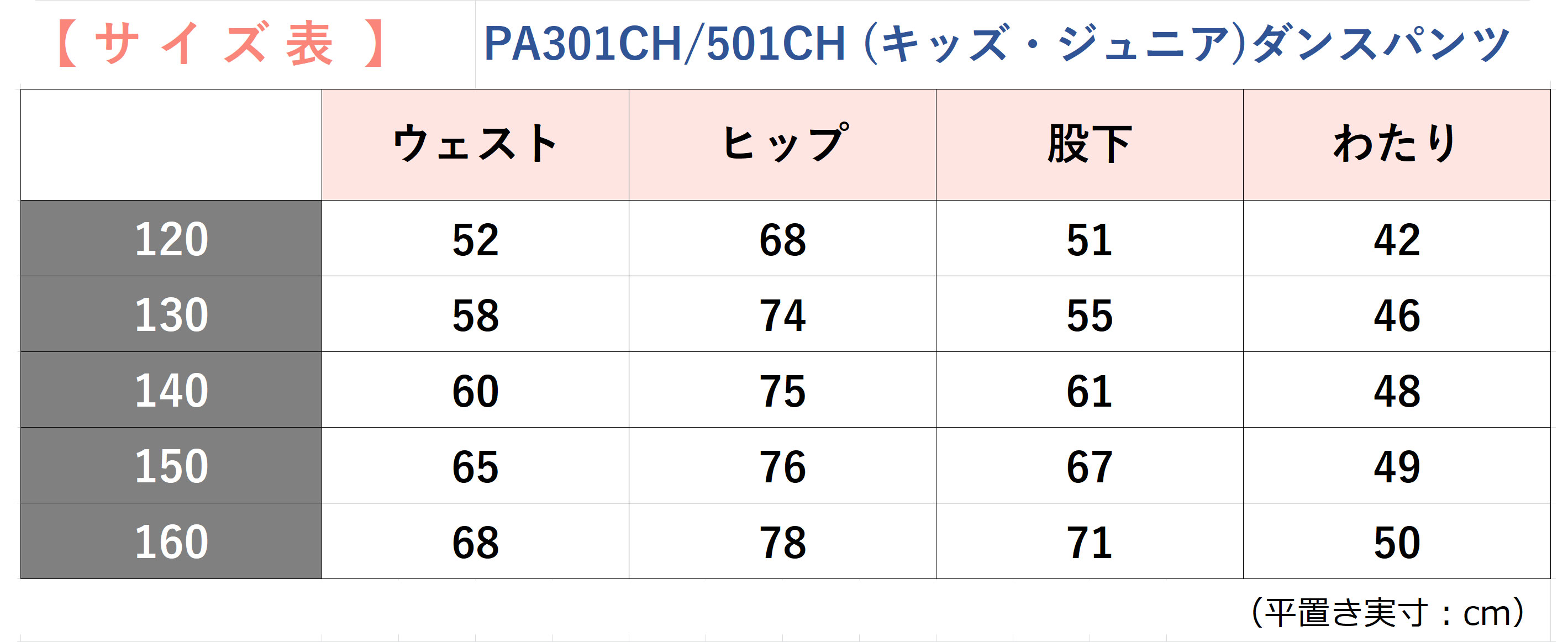 PA301CH501CHサイズ目安表